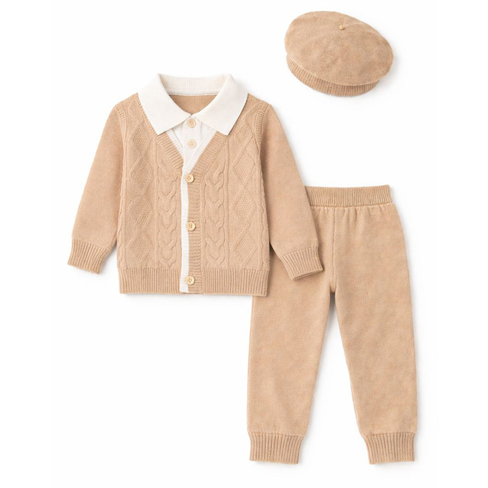 2 Pcs Beige Cream Collar Winter Cardigan & Pants set with Beret-Style Cap for Infants