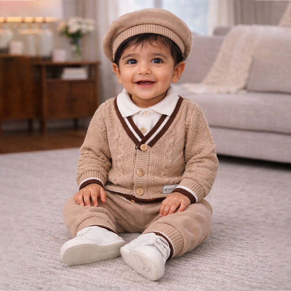 2 Pcs Beige Brown Bordered Winter Knit Cardigan & Pants with Beret Cap for Infants