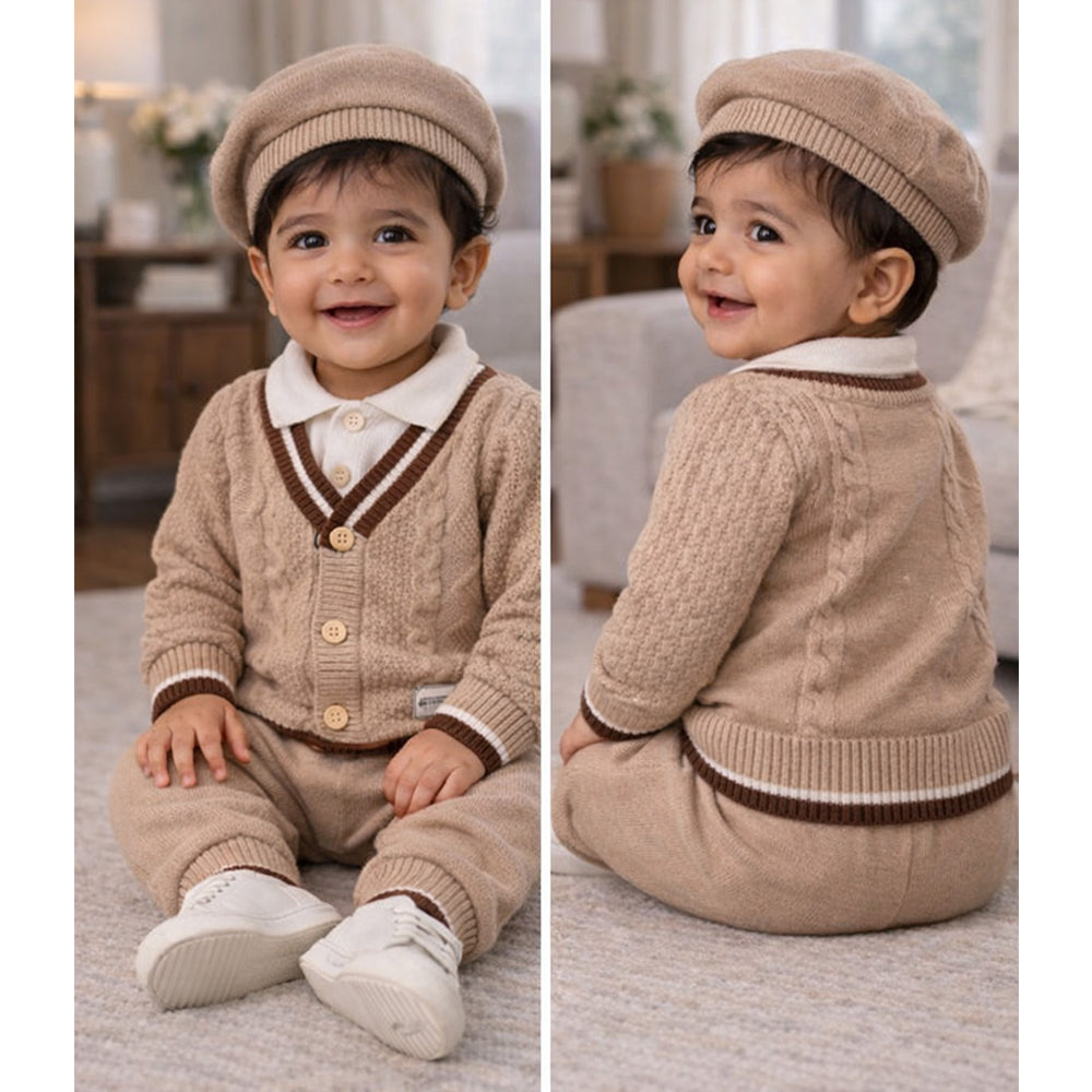 2 Pcs Beige Brown Bordered Winter Knit Cardigan & Pants with Beret Cap for Infants