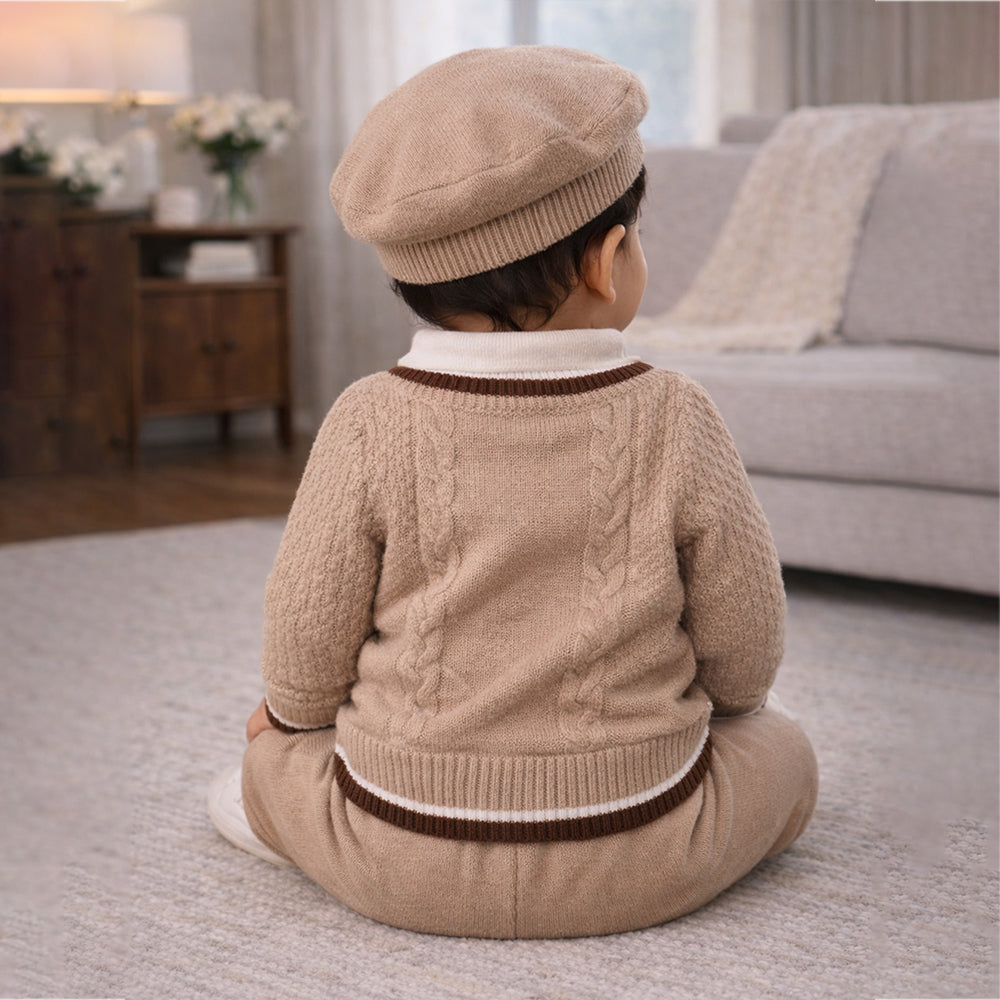 2 Pcs Beige Brown Bordered Winter Knit Cardigan & Pants with Beret Cap for Infants