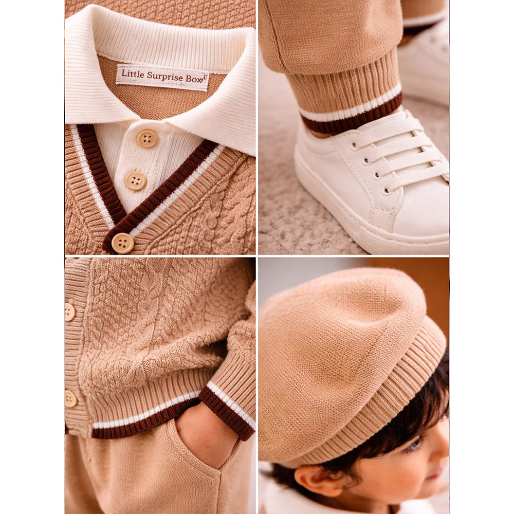 2 Pcs Beige Brown Bordered Winter Knit Cardigan & Pants with Beret Cap for Infants