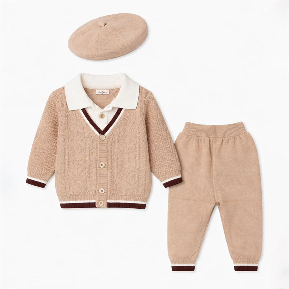2 Pcs Beige Brown Bordered Winter Knit Cardigan & Pants with Beret Cap for Infants