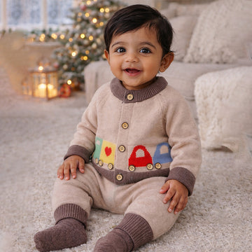 2 Pcs Beige & Brown Train Patch Winter Cardigan & Pants set for Infants