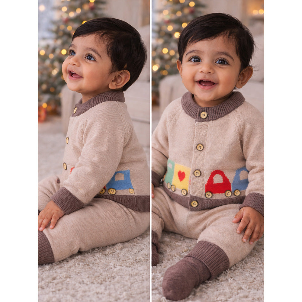2 Pcs Beige & Brown Train Patch Winter Cardigan & Pants set for Infants