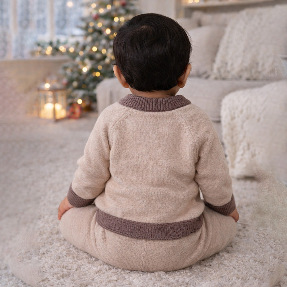 2 Pcs Beige & Brown Train Patch Winter Cardigan & Pants set for Infants