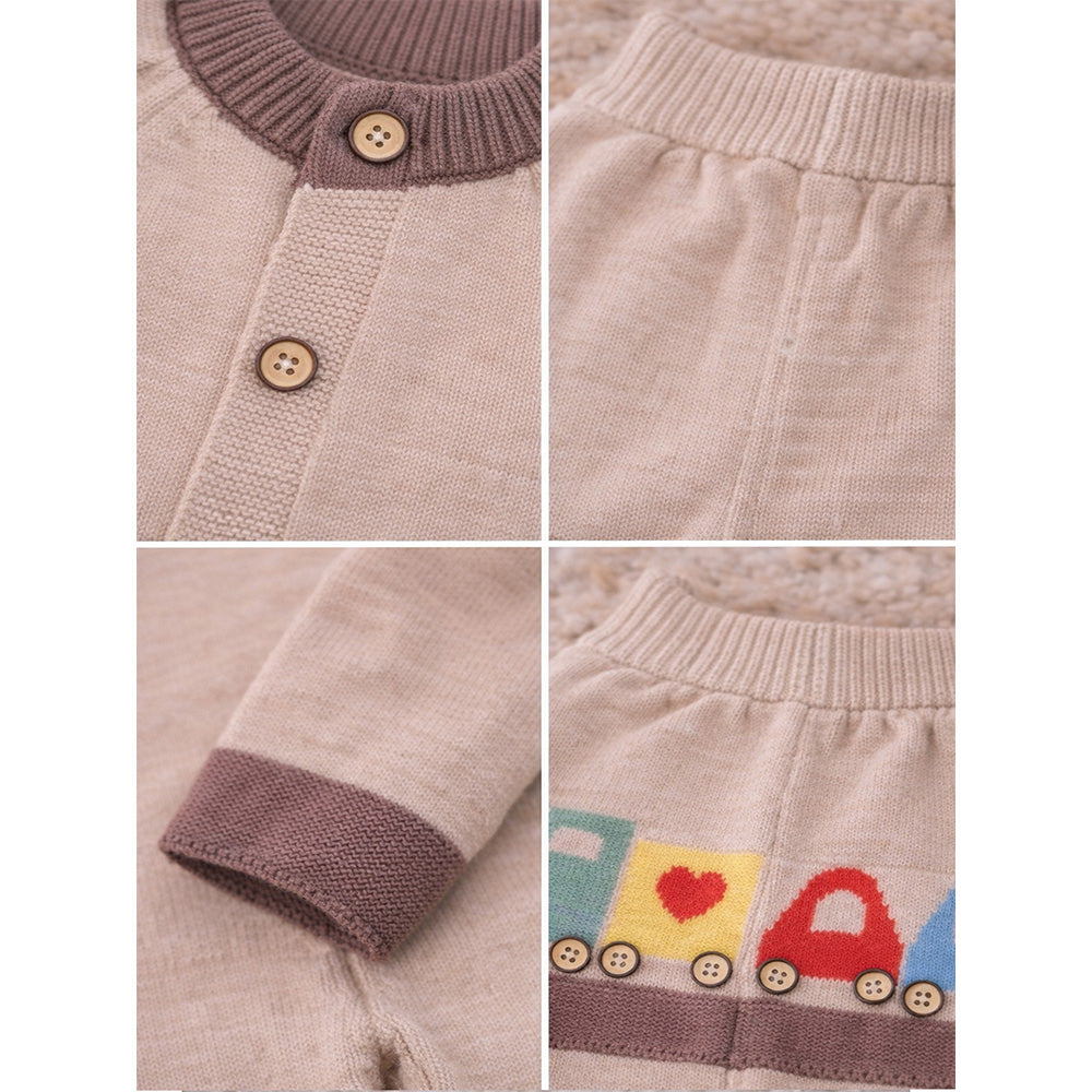 2 Pcs Beige & Brown Train Patch Winter Cardigan & Pants set for Infants