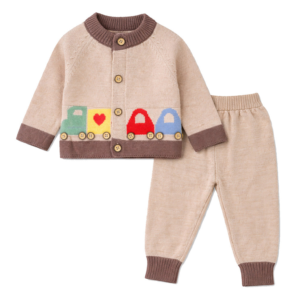 2 Pcs Beige & Brown Train Patch Winter Cardigan & Pants set for Infants