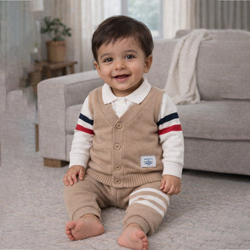 2 Pcs Beige with Red-Navy Stripes Sleeves Winter Cardigan & Pant for Infants