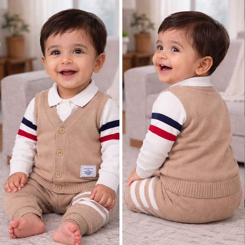 2 Pcs Beige with Red-Navy Stripes Sleeves Winter Cardigan & Pant for Infants