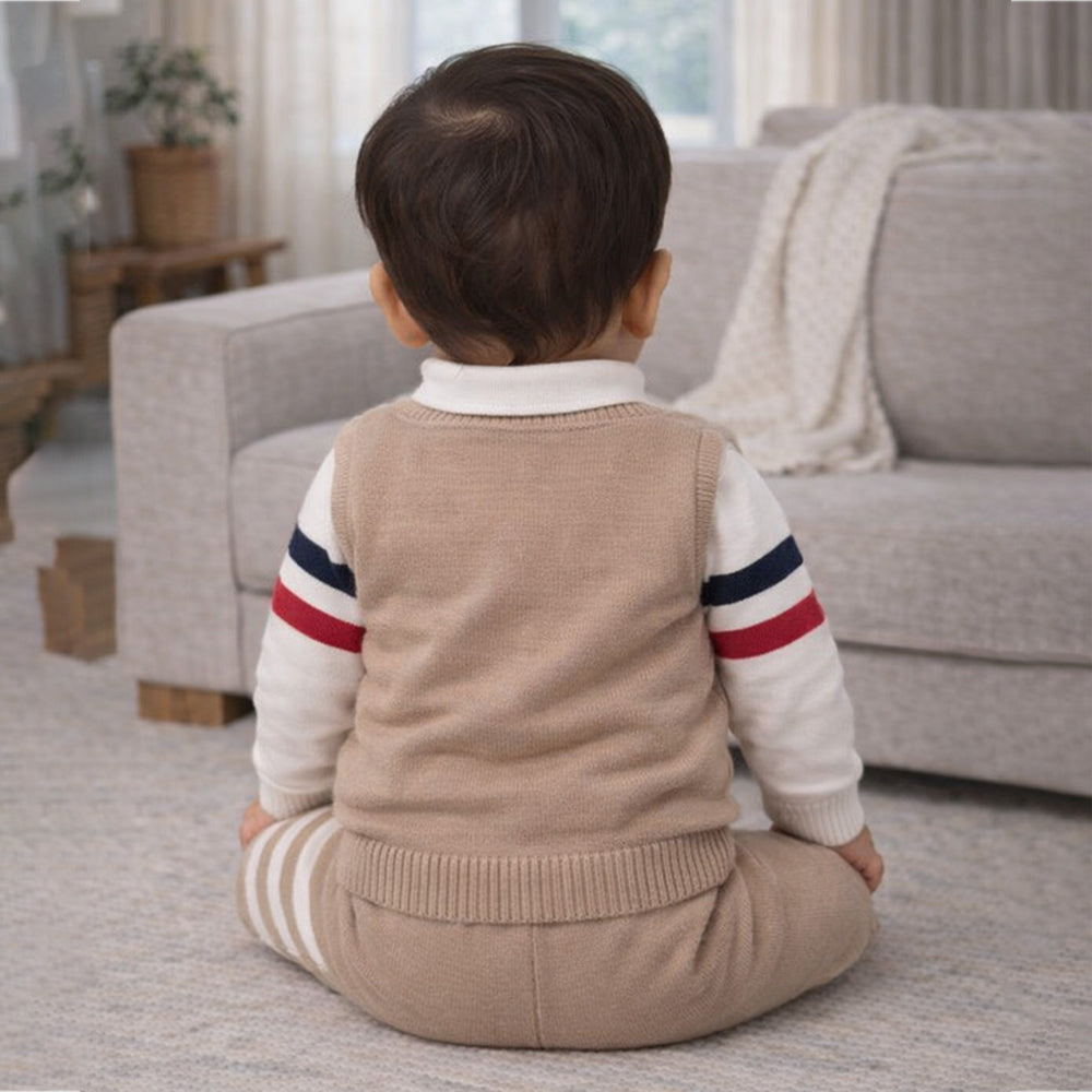 2 Pcs Beige with Red-Navy Stripes Sleeves Winter Cardigan & Pant for Infants