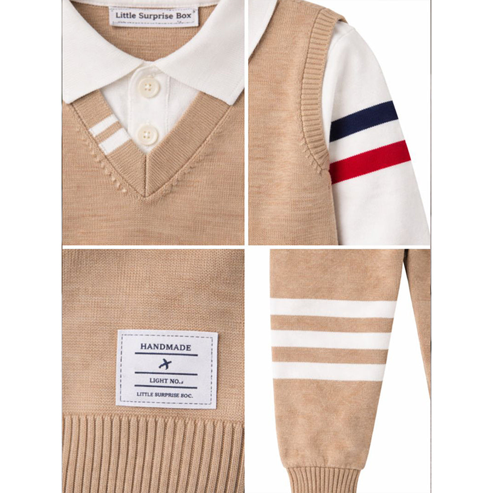 2 Pcs Beige with Red-Navy Stripes Sleeves Winter Cardigan & Pant for Infants
