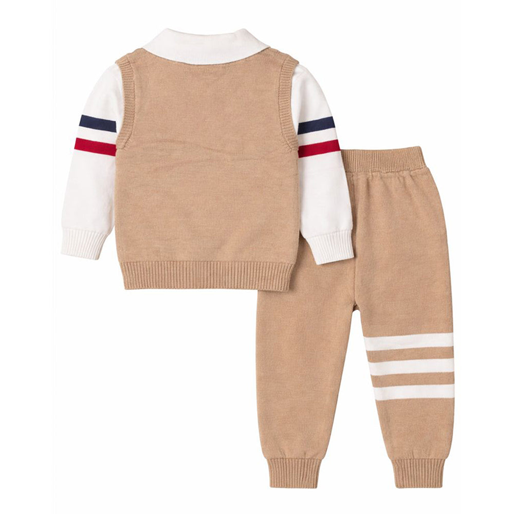 2 Pcs Beige with Red-Navy Stripes Sleeves Winter Cardigan & Pant for Infants
