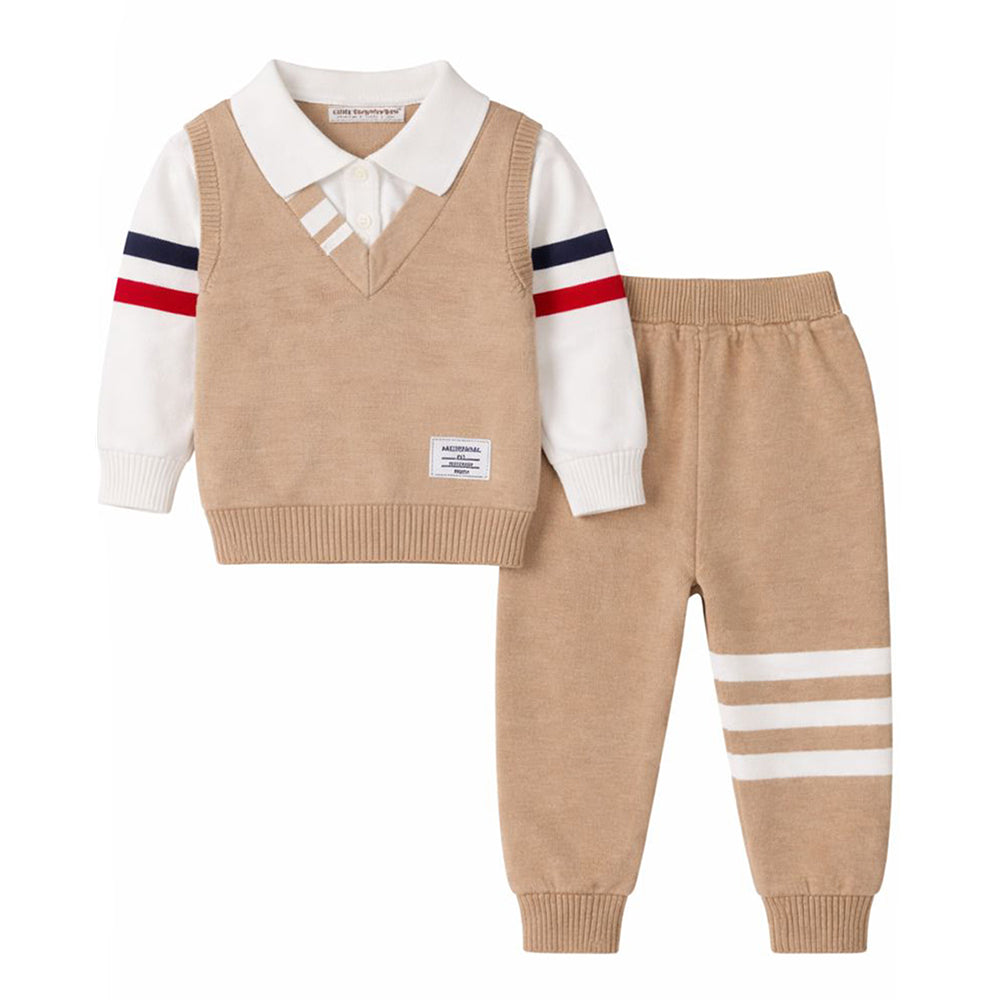 2 Pcs Beige with Red-Navy Stripes Sleeves Winter Cardigan & Pant for Infants