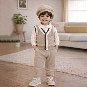 2 Pcs Beige Vest-Style Winter Cardigan & Pants with Beret Cap for infants