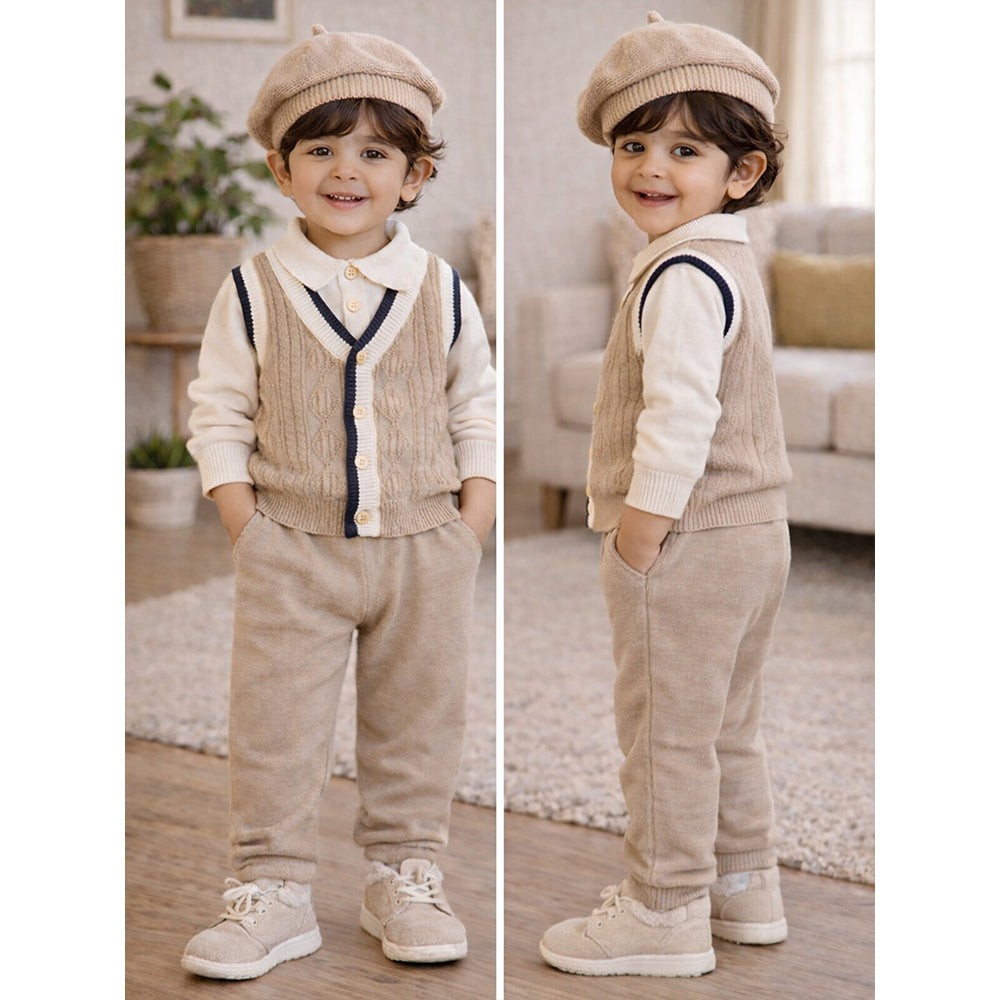2 Pcs Beige Vest-Style Winter Cardigan & Pants with Beret Cap for infants