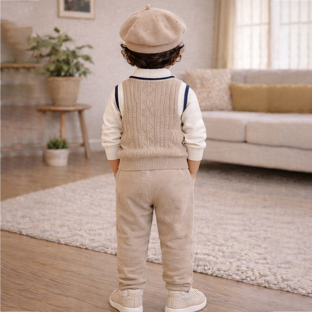 2 Pcs Beige Vest-Style Winter Cardigan & Pants with Beret Cap for infants