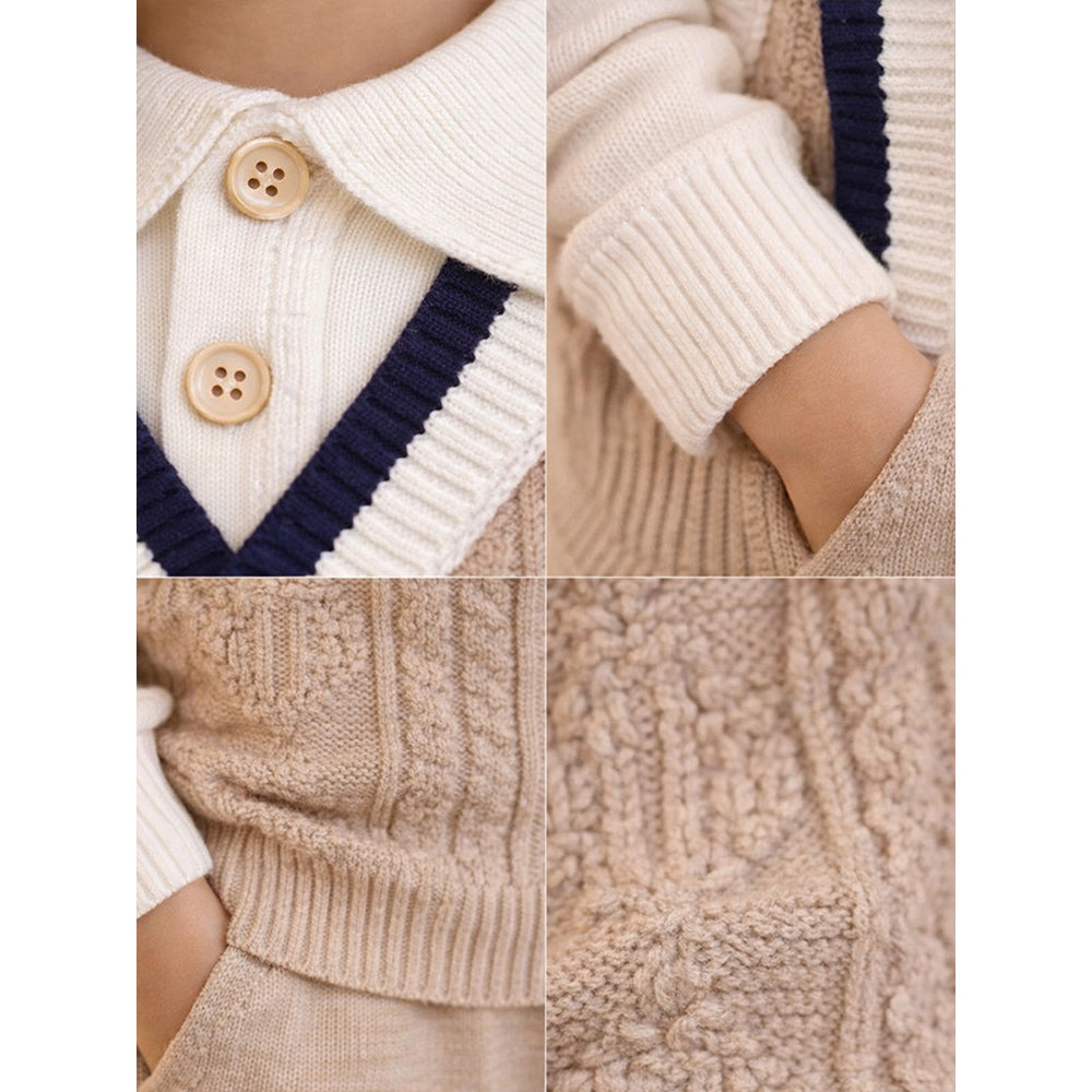 2 Pcs Beige Vest-Style Winter Cardigan & Pants with Beret Cap for infants