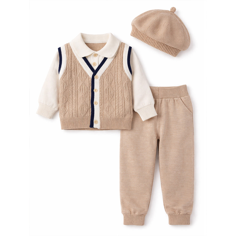2 Pcs Beige Vest-Style Winter Cardigan & Pants with Beret Cap for infants
