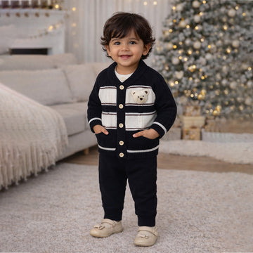 2 Pcs Black Cream Ted Face Winter Cardigan & Pants for Infants