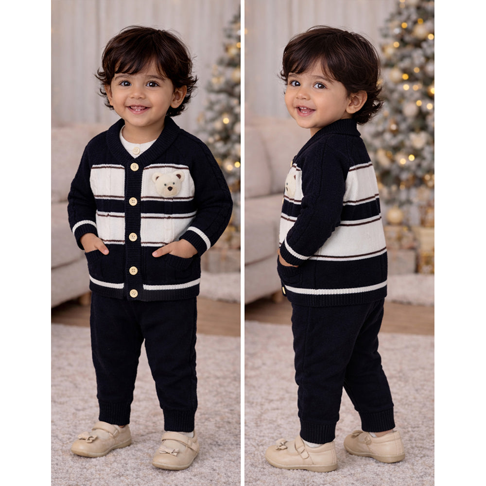 2 Pcs Black Cream Ted Face Winter Cardigan & Pants for Infants