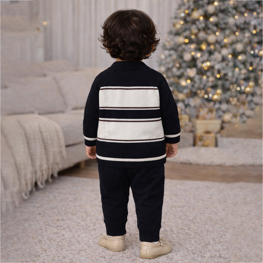 2 Pcs Black Cream Ted Face Winter Cardigan & Pants for Infants
