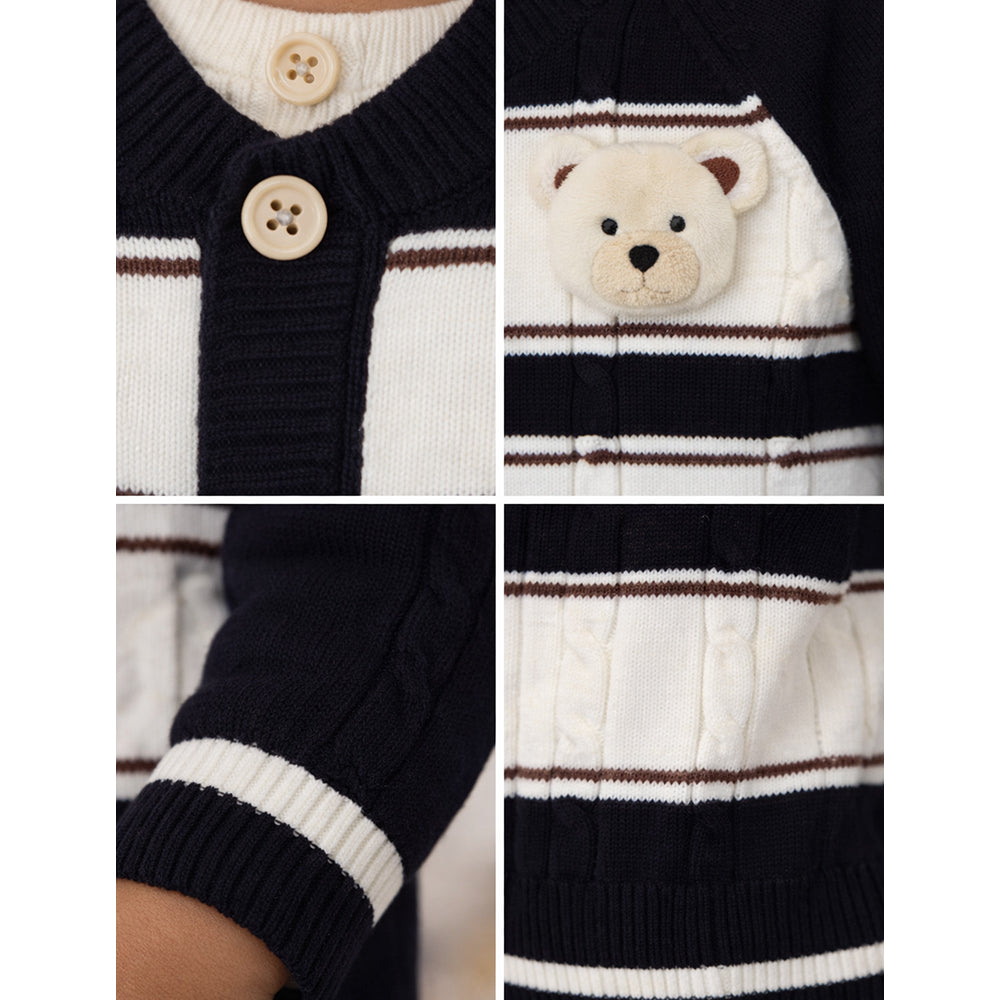 2 Pcs Black Cream Ted Face Winter Cardigan & Pants for Infants