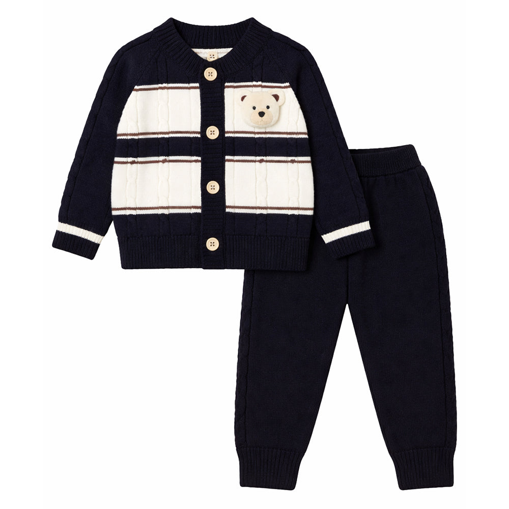 2 Pcs Black Cream Ted Face Winter Cardigan & Pants for Infants