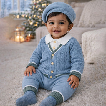 2 Pcs Blue Green Border Winter Knit Cardigan & Pants with Beret Cap for Infants
