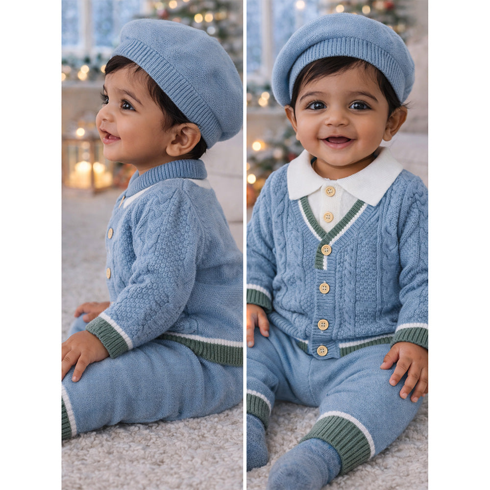 2 Pcs Blue Green Border Winter Knit Cardigan & Pants with Beret Cap for Infants