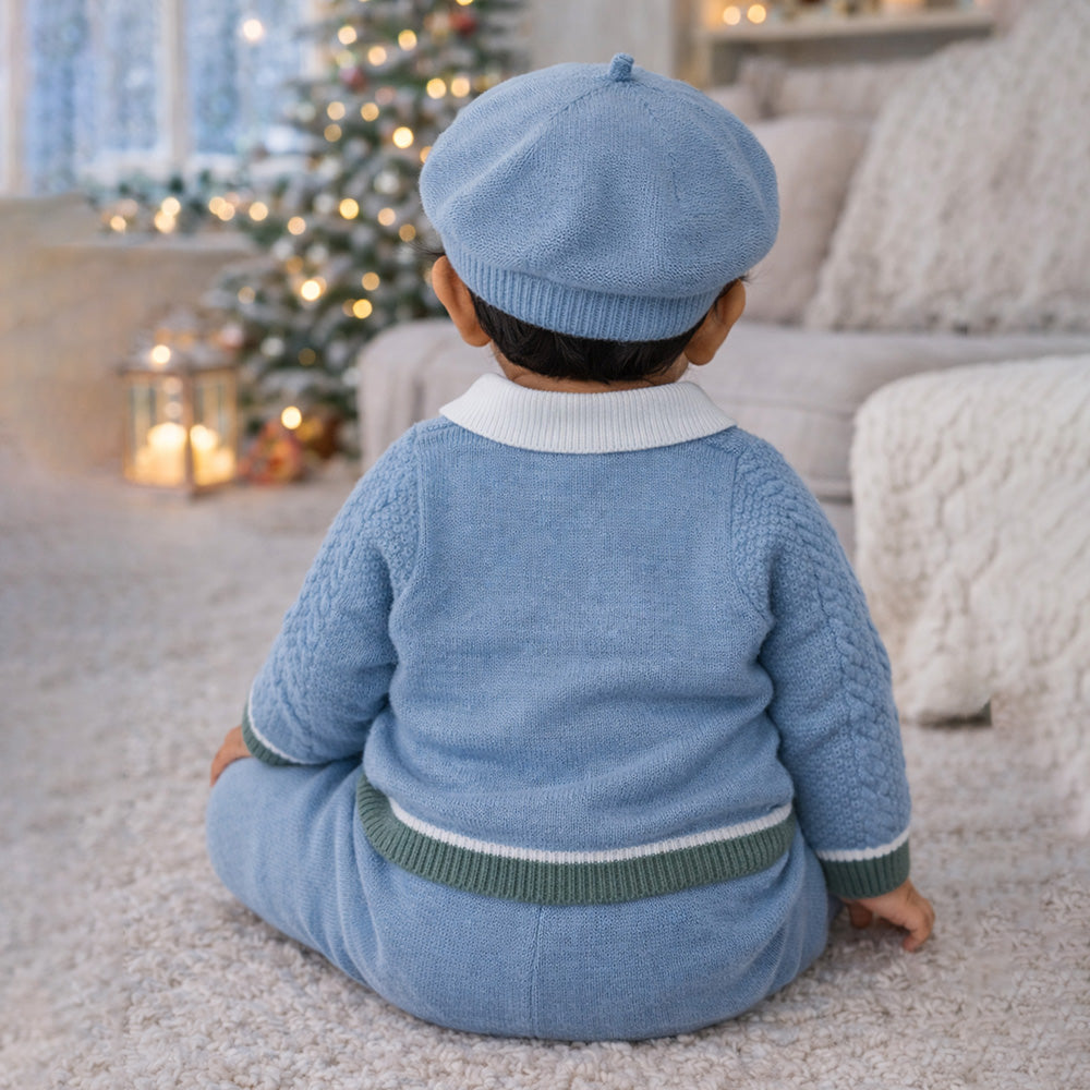 2 Pcs Blue Green Border Winter Knit Cardigan & Pants with Beret Cap for Infants