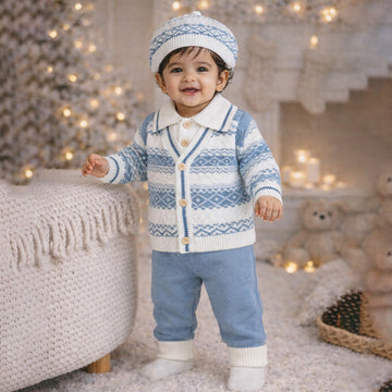 2 Pcs Blue ZigZag Pattern Winter Cardigan & Pant with Matching Cap for Infants