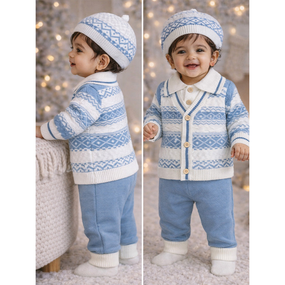2 Pcs Blue ZigZag Pattern Winter Cardigan & Pant with Matching Cap for Infants