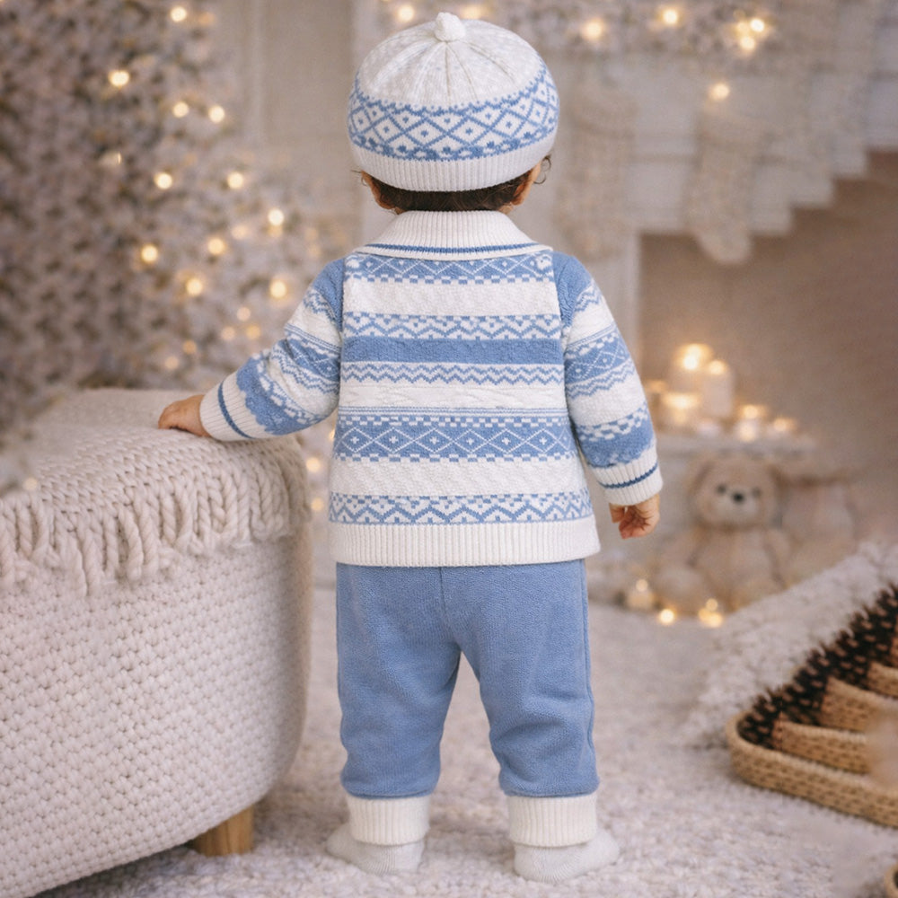 2 Pcs Blue ZigZag Pattern Winter Cardigan & Pant with Matching Cap for Infants