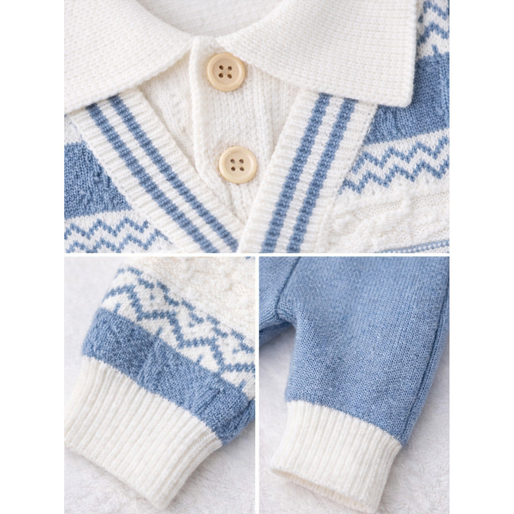 2 Pcs Blue ZigZag Pattern Winter Cardigan & Pant with Matching Cap for Infants