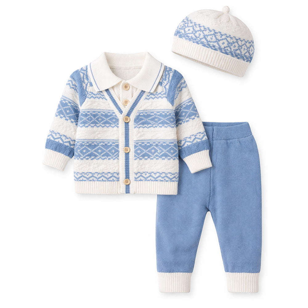 2 Pcs Blue ZigZag Pattern Winter Cardigan & Pant with Matching Cap for Infants