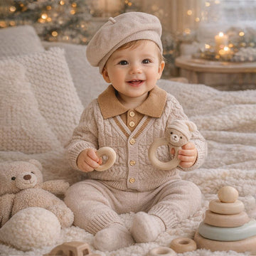 2 Pcs Cream Beige Collar Winter Cardigan & Pants with Beret-Style Cap for Infants