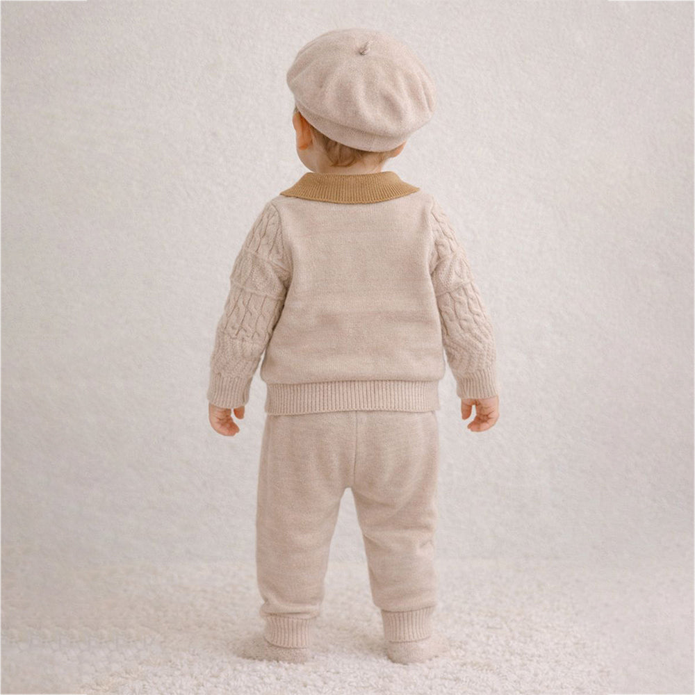 2 Pcs Cream Beige Collar Winter Cardigan & Pants with Beret-Style Cap for Infants