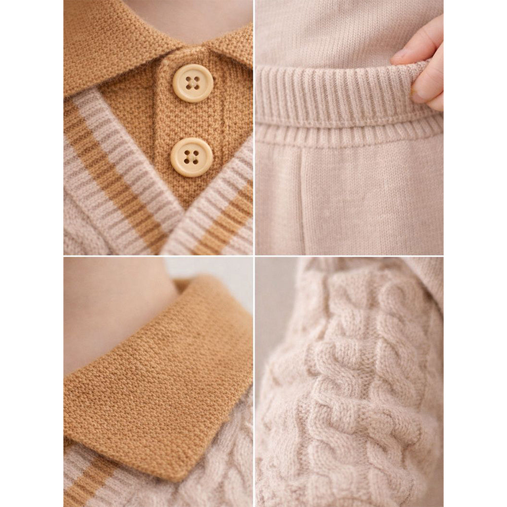 2 Pcs Cream Beige Collar Winter Cardigan & Pants with Beret-Style Cap for Infants