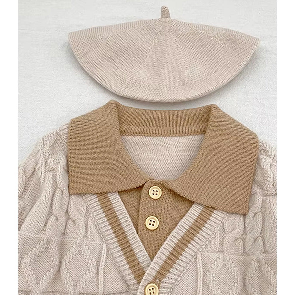 2 Pcs Cream Beige Collar Winter Cardigan & Pants with Beret-Style Cap for Infants