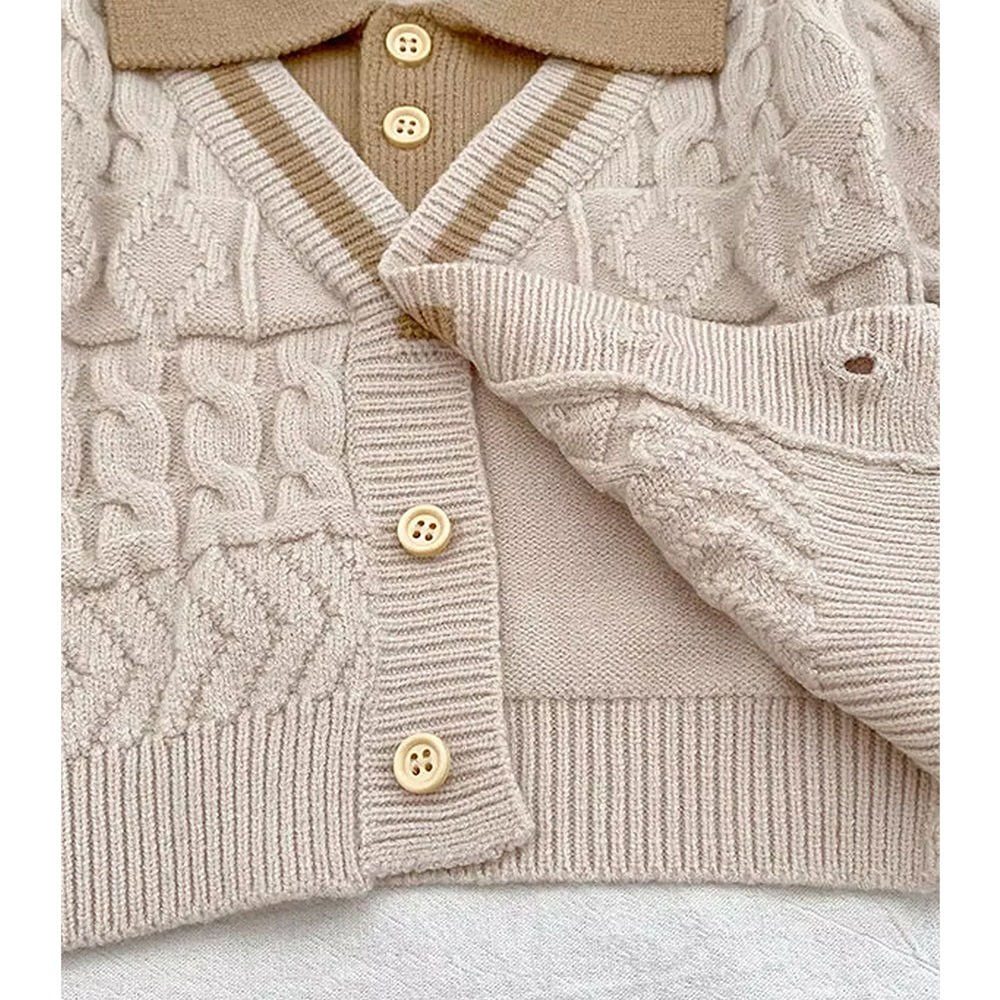 2 Pcs Cream Beige Collar Winter Cardigan & Pants with Beret-Style Cap for Infants