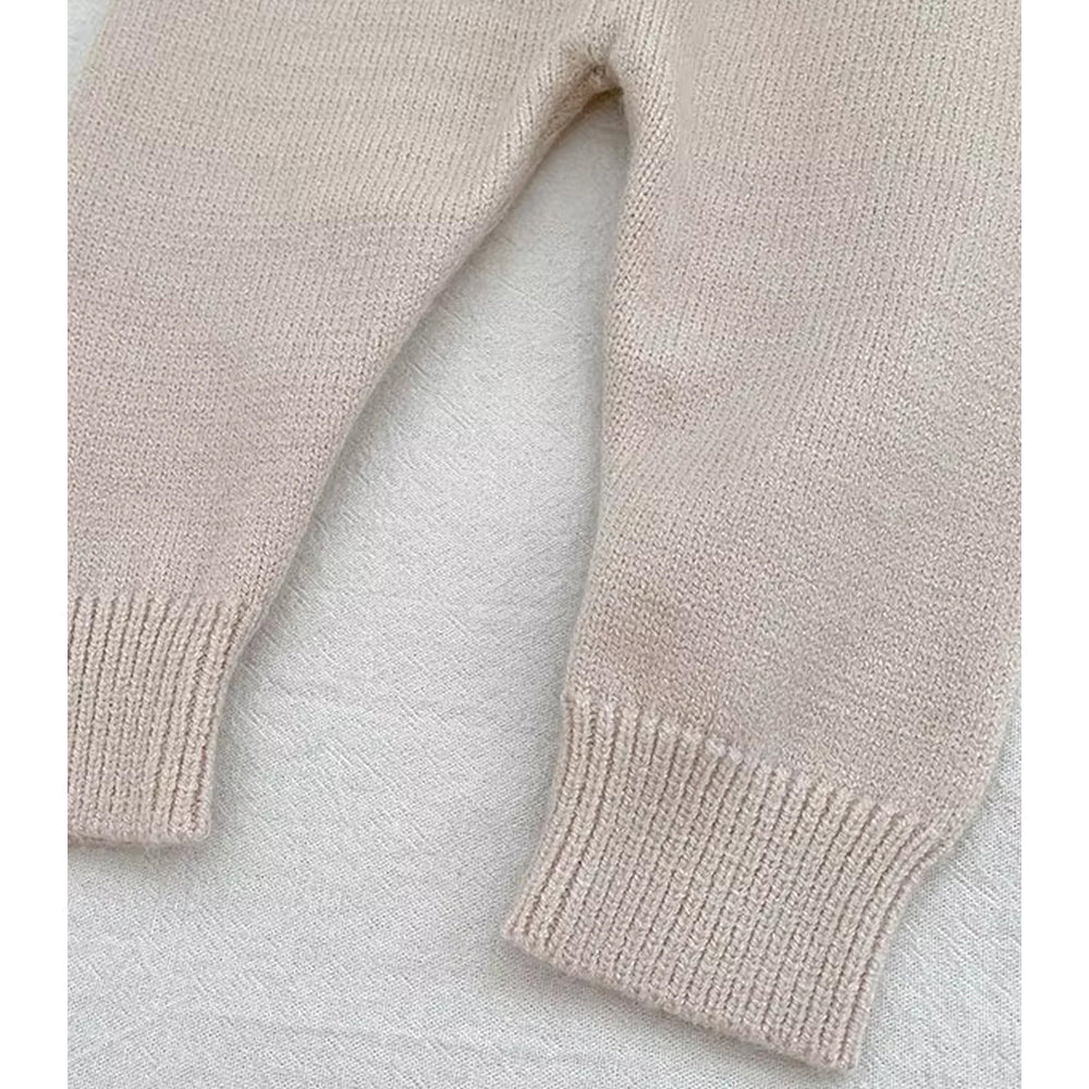 2 Pcs Cream Beige Collar Winter Cardigan & Pants with Beret-Style Cap for Infants