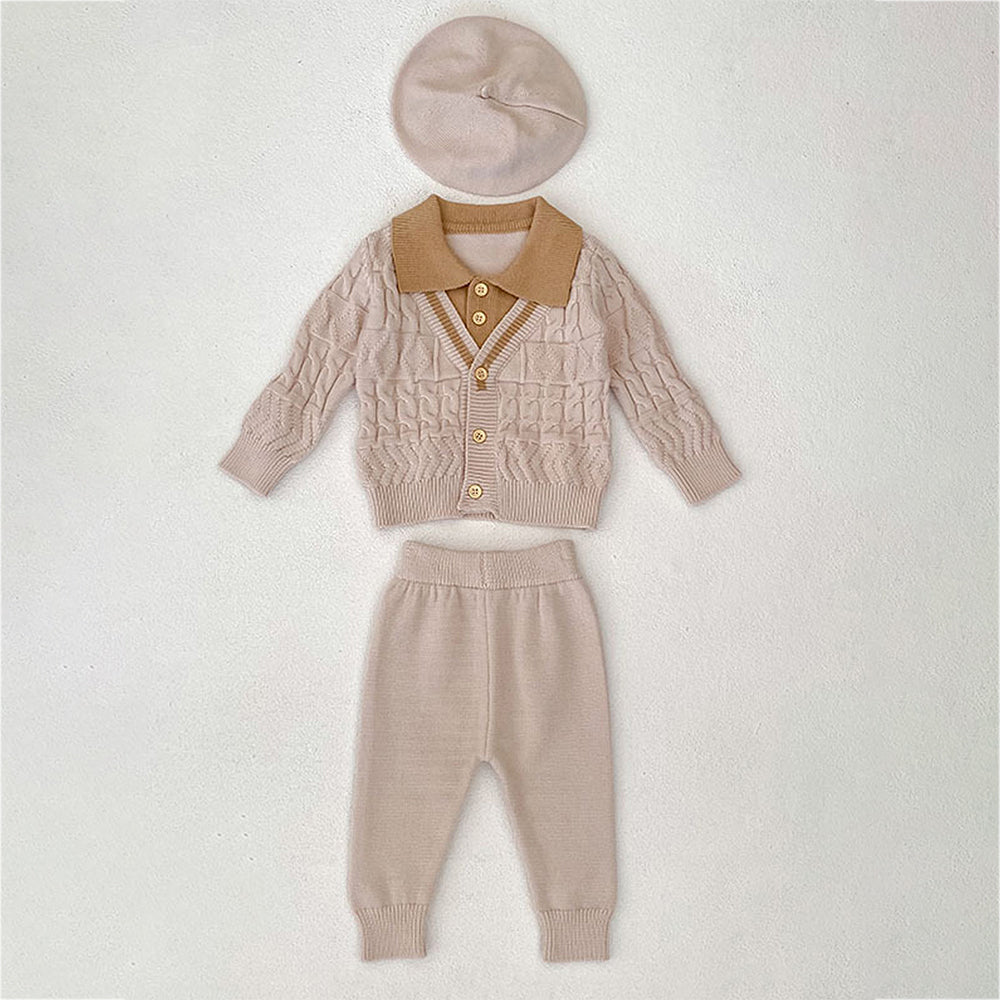 2 Pcs Cream Beige Collar Winter Cardigan & Pants with Beret-Style Cap for Infants