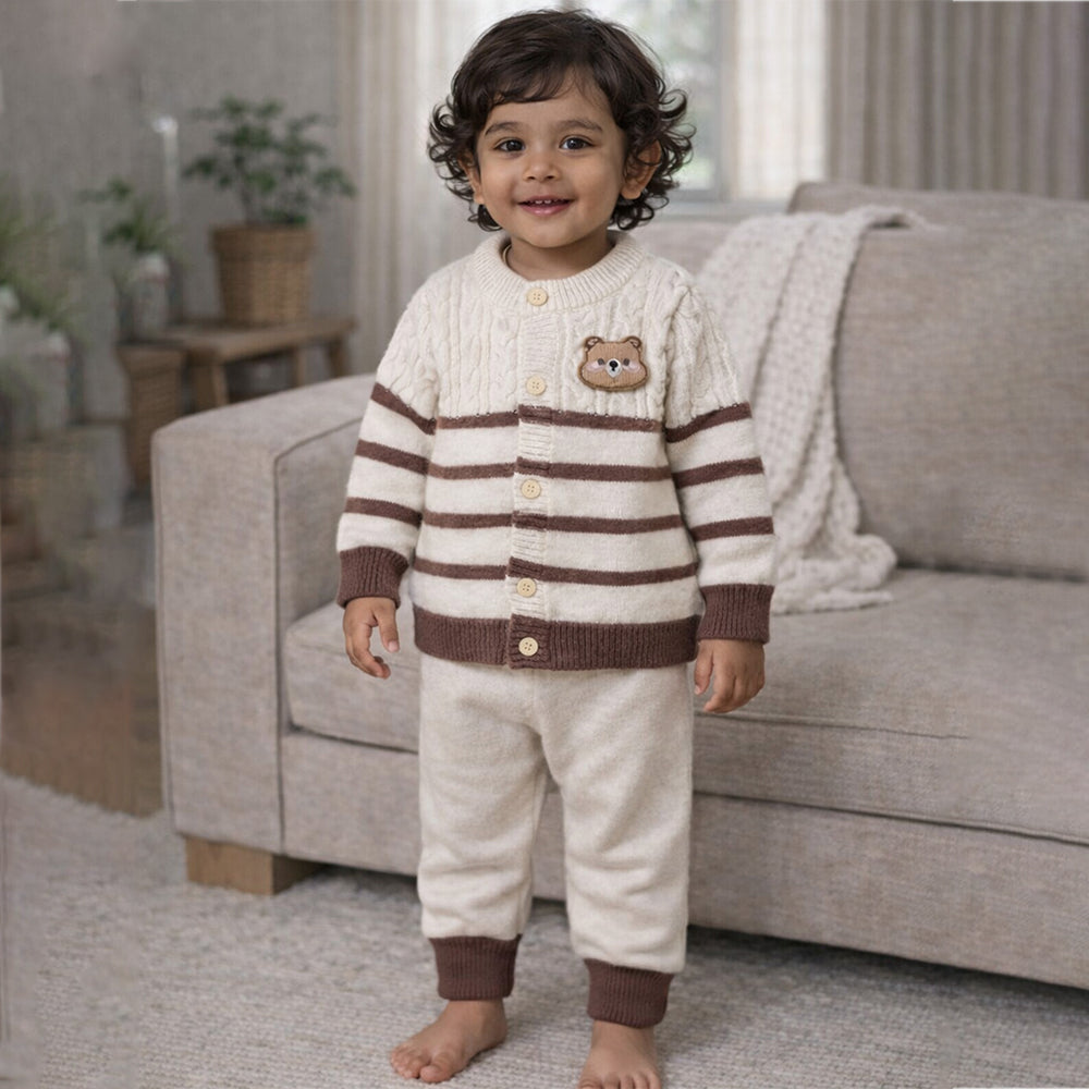 2 Pcs Cream with Brown Stripes Winter Knit Cardigan & Pants for Infants