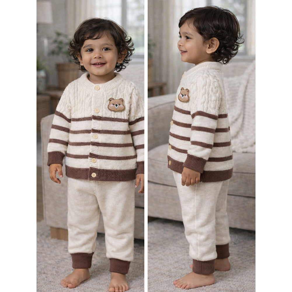 2 Pcs Cream with Brown Stripes Winter Knit Cardigan & Pants for Infants