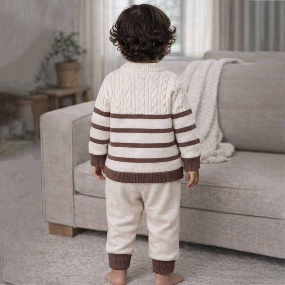 2 Pcs Cream with Brown Stripes Winter Knit Cardigan & Pants for Infants