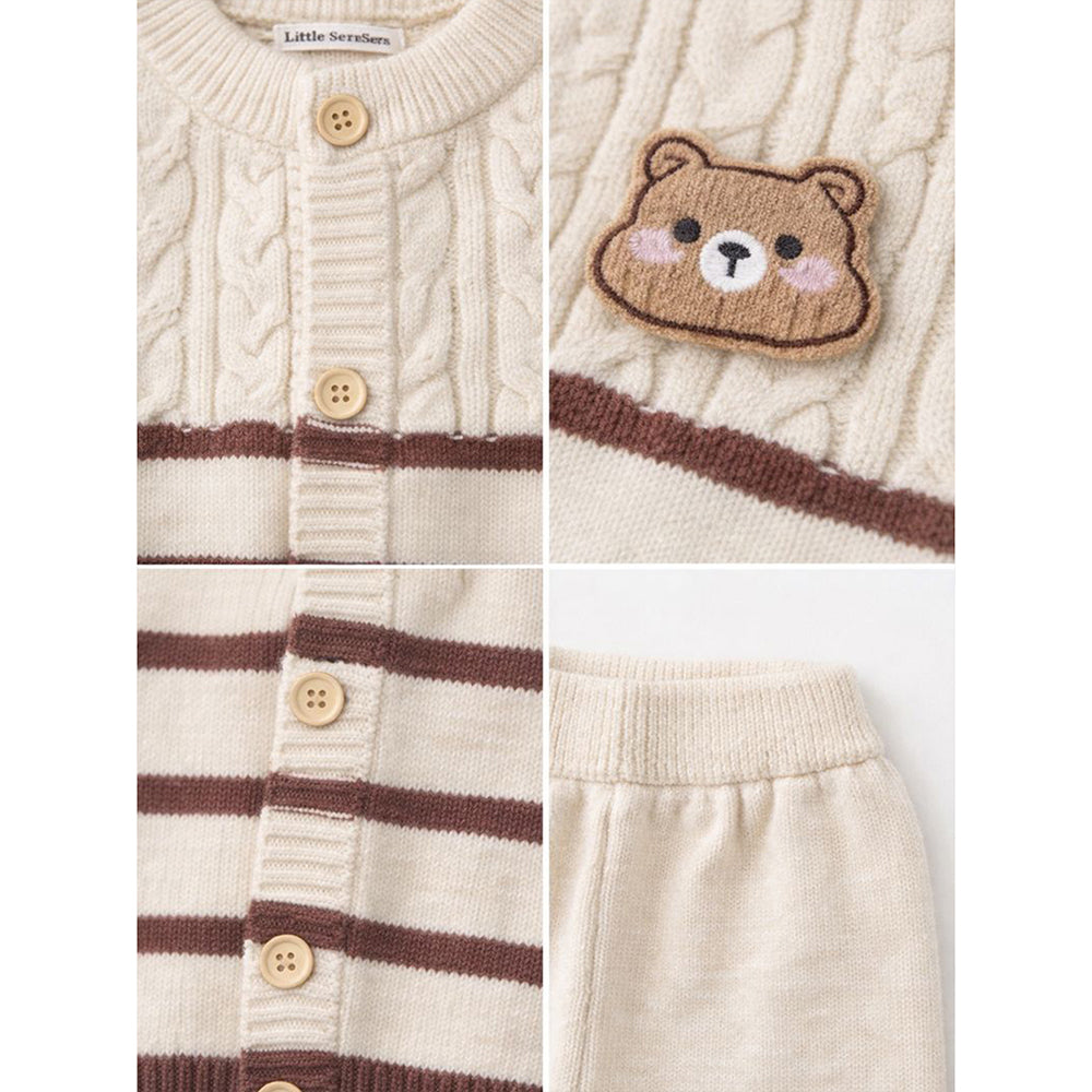 2 Pcs Cream with Brown Stripes Winter Knit Cardigan & Pants for Infants