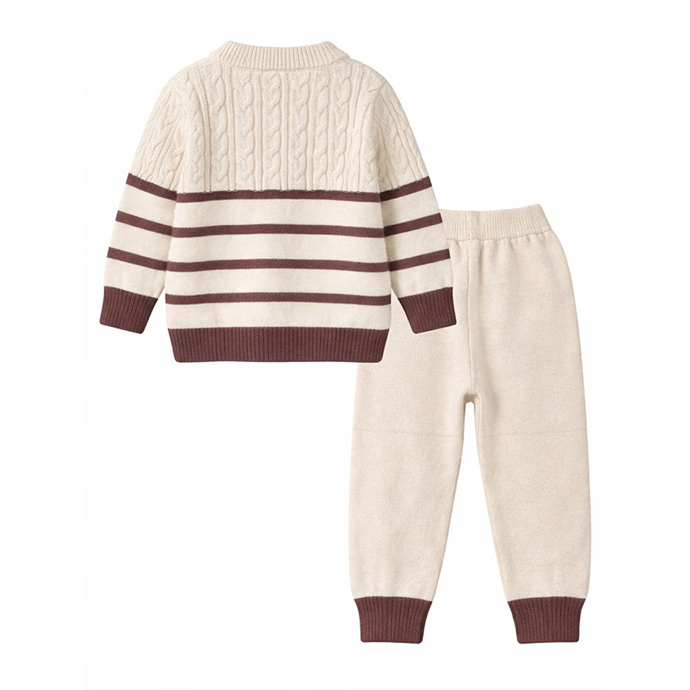 2 Pcs Cream with Brown Stripes Winter Knit Cardigan & Pants for Infants