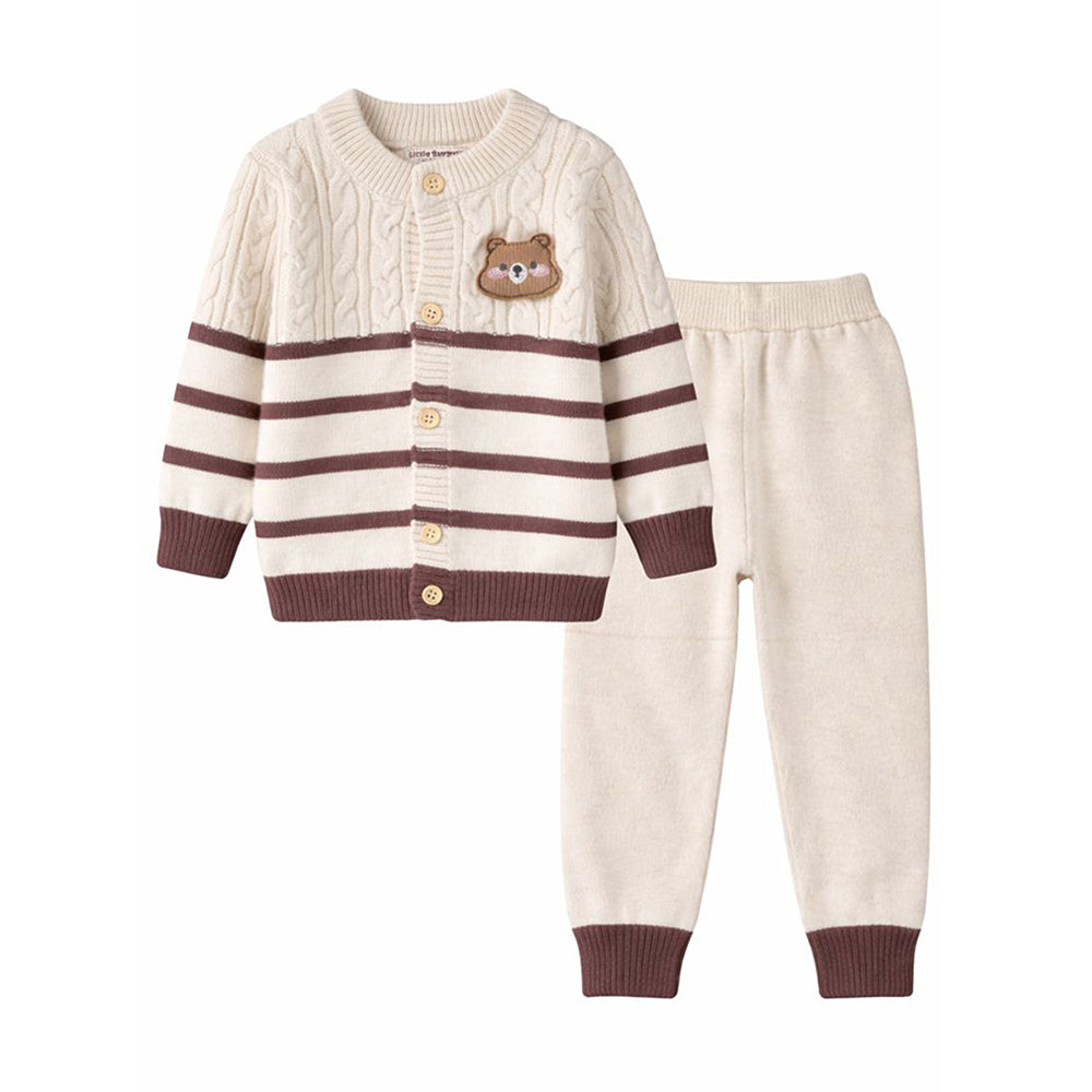 2 Pcs Cream with Brown Stripes Winter Knit Cardigan & Pants for Infants