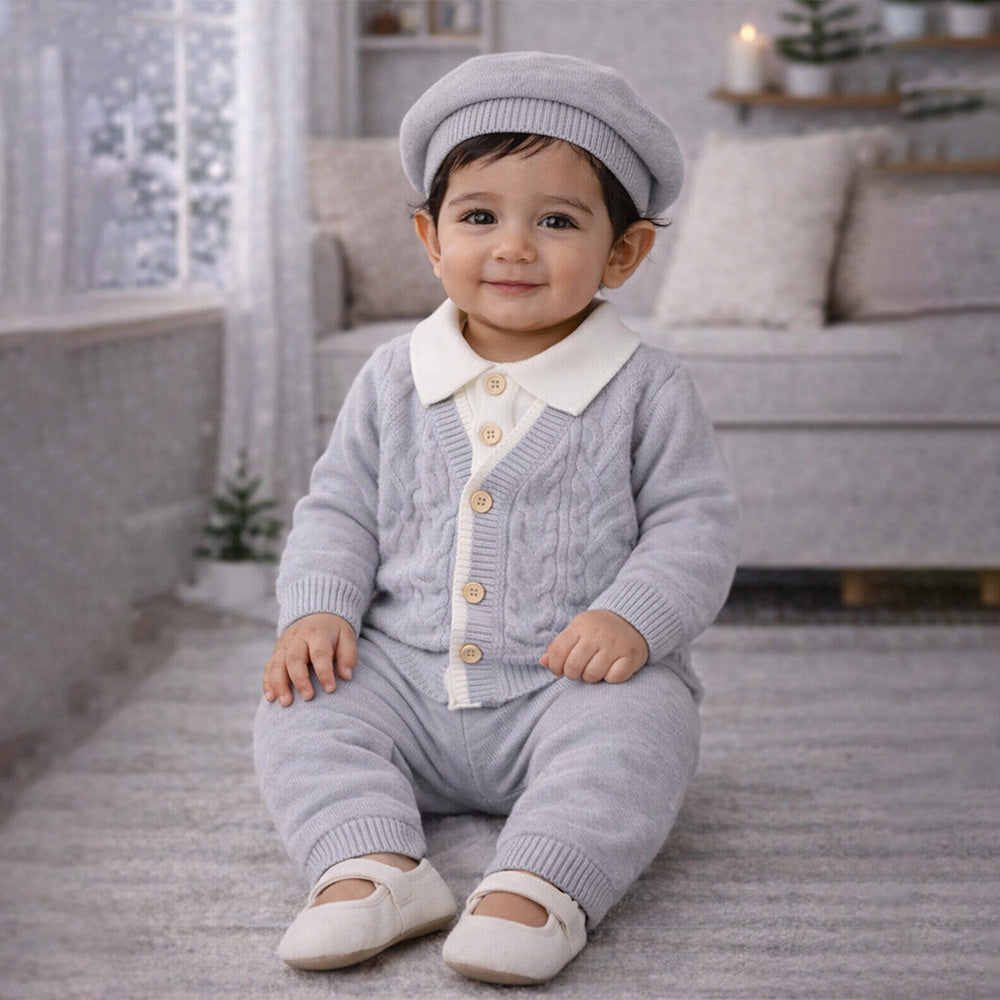 2 Pcs Grey Cable Winter Cardigan & Pants with Beret Cap for Infants