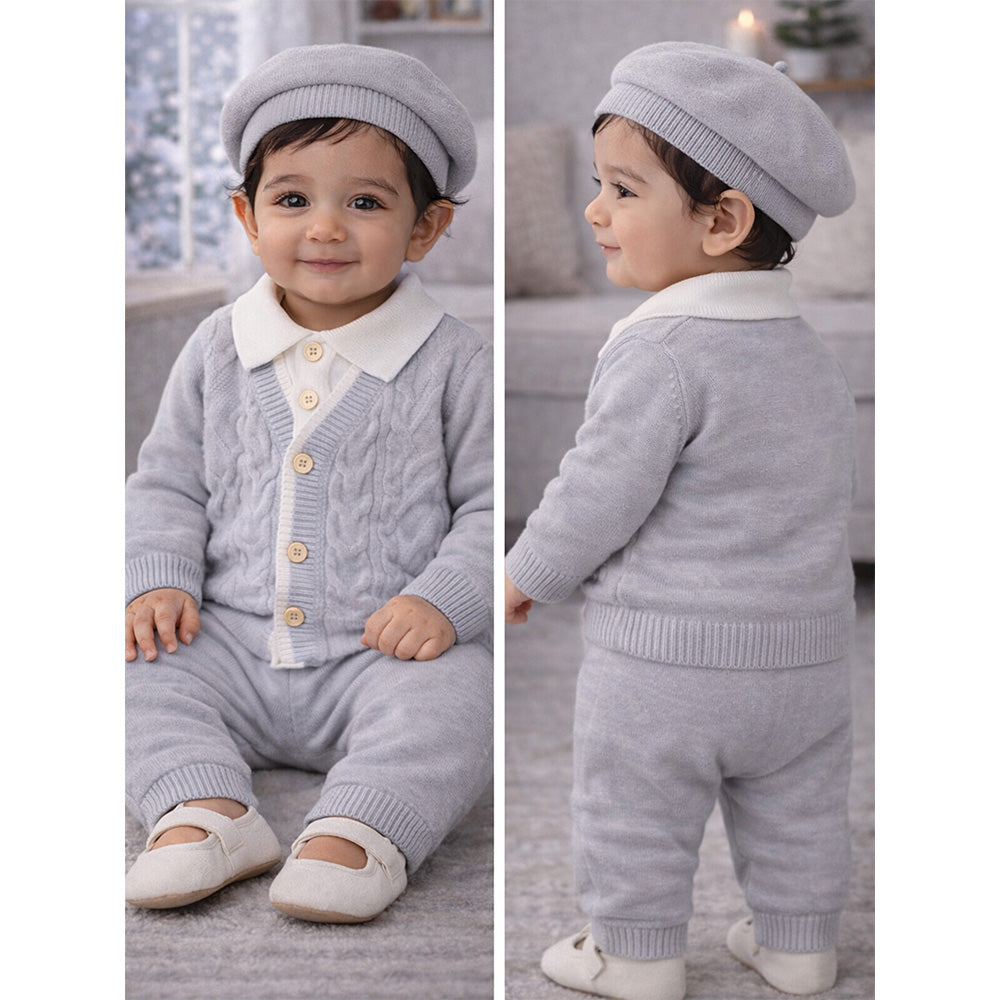 2 Pcs Grey Cable Winter Cardigan & Pants with Beret Cap for Infants